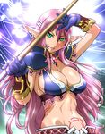  abs breasts brooch cleavage earrings elf facial_mark gloves green_eyes jewelry large_breasts long_hair midriff myuria_tionysus pink_hair pointy_ears sideboob solo star_ocean star_ocean_the_last_hope tattoo ueyama_michirou very_long_hair weapon 