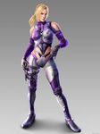  3d absurdres artist_request blonde_hair blue_eyes bodysuit breasts gloves highres large_breasts nina_williams official_art ponytail purple_bodysuit short_hair skin_tight solo tekken tekken_6 