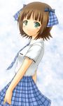  amami_haruka bad_id bad_pixiv_id brown_hair green_eyes idolmaster idolmaster_(classic) idolmaster_live_for_you! karasu_p plaid plaid_skirt rough_time_school school_uniform short_hair skirt solo 