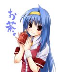  arcana_heart blue_hair bottle hairband long_hair non-web_source red_eyes school_uniform solo tea tsuzura_saki wristband 
