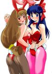  animal_ears ass blue_eyes blue_hair bow brown_hair bunny_ears bunnysuit erica_fontaine holding_hands leotard long_hair low-tied_long_hair multiple_girls pantyhose pink_legwear ranpu red_bow red_eyes red_leotard sakura_taisen shinguuji_sakura 