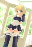  arms_behind_back artoria_pendragon_(all) blonde_hair blush embarrassed fate/stay_night fate_(series) frown garters green_eyes maid maid_headdress panties ribbon saber sdwing solo thighhighs underwear window 