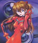  :d adjusting_hair bangs blue_eyes bodysuit bracer breasts brown_hair cowboy_shot eva_02 gloves hair_between_eyes hand_on_hip hand_up happy headgear hips jpeg_artifacts leaning_to_the_side long_hair looking_at_viewer mecha neon_genesis_evangelion number official_art open_mouth pale_skin pilot_suit plugsuit red_bodysuit sadamoto_yoshiyuki shiny shiny_clothes skin_tight skinny slender_waist small_breasts smile solo souryuu_asuka_langley standing turtleneck two_side_up 