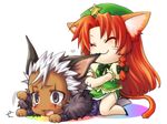  1girl :3 animal_ears biting braid cat_ears cat_tail chibi crossover dog_ears ear_biting esaka hair_ribbon hat hetero hong_meiling kemonomimi_mode krizalid long_hair m.u.g.e.n purple_eyes red_hair ribbon short_hair tail tears the_king_of_fighters touhou twin_braids white_hair 