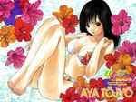  barefoot bikini black_eyes black_hair breasts cleavage feet flower hibiscus highres ichigo_100_percent kawashita_mizuki medium_breasts non-web_source solo swimsuit toujou_aya wallpaper 