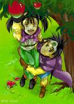 1girl apple arao_(rosa) black_hair brown_eyes cape couple dragon_quest dragon_quest_iii fighter_(dq3) food fruit hetero lift roto smile tree twintails 