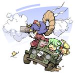  advance_wars blonde_hair car green_eyes green_hair ground_vehicle hair_ornament hat hounori jeep kochiya_sanae leaf_hair_ornament left-hand_drive moriya_suwako motor_vehicle multiple_girls onbashira parody purple_hair pyonta red_eyes rope shide shimenawa touhou wheelie yasaka_kanako yellow_eyes 