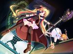  bardiche belt blonde_hair blue_eyes brown_hair cape electricity fate_testarossa gloves hair_ribbon highres long_hair lyrical_nanoha magic_circle mahou_shoujo_lyrical_nanoha multiple_girls natsumiya_yuzu panties raising_heart red_eyes ribbon striped striped_panties takamachi_nanoha thighhighs twintails underwear upskirt 