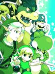  artist_request baton_(instrument) bomb bowser checkerboard_cookie claws color_connection cookie earrings facial_hair food gloves green hat jewelry link luigi male_focus mario_(series) monochrome multiple_boys mustache pointy_ears shield smile super_mario_bros. super_smash_bros. the_legend_of_zelda toon_link v yoshi 