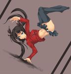  bad_id bad_pixiv_id black_hair black_legwear blue_eyes fate/stay_night fate_(series) feet hair_ribbon hands handstand long_hair long_legs midriff miniskirt napori navel panties ribbon skirt solo thighhighs toosaka_rin two_side_up underwear 