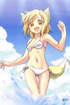  animal_ears bikini blonde_hair day fox_ears fox_tail mukai orange_eyes original short_hair side-tie_bikini solo splashing swimsuit tail wading water 