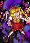  1girl alternate_wings blonde_hair bow censored claws crazy crossover fangs flandre_scarlet fusion hat hexagon highres identity_censor jester_cap jewelry kirby kirby_(series) marx marx_soul necklace parody red_bow red_eyes slit_pupils solo spoilers touhou vampire wings 