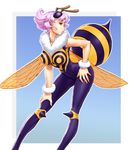  antennae bee_girl breasts insect_girl kagerou_(decoi) large_breasts monster_girl pantyhose purple_hair q-bee short_hair solo vampire_(game) wings 