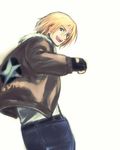  androgynous belt blonde_hair blue_eyes denim fatal_fury fingerless_gloves gloves jacket jeans leather leather_jacket looking_back male_focus mark_of_the_wolves otoko_no_ko pants smile snk solo star terry_bogard the_king_of_fighters wanko_(takohati8) 