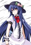  blue_hair fa_no_hito food fruit hat hinanawi_tenshi long_hair peach red_eyes solo touhou wrist_cuffs 