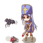  baseball_bat bat blood blue_hair boots chibi dragon_quest dragon_quest_iii drakee hat long_hair mitre monster priest_(dq3) red_eyes tabard tears ygo 