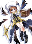  blue_eyes book brown_hair hair_ornament hairclip hat highres kakashichi kneehighs lyrical_nanoha mahou_shoujo_lyrical_nanoha mahou_shoujo_lyrical_nanoha_a's schwertkreuz short_hair smile socks solo staff tome_of_the_night_sky wings x_hair_ornament yagami_hayate 