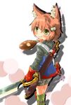  7th_dragon 7th_dragon_(series) animal_ears bad_id bad_pixiv_id boned_meat fighter_(7th_dragon) food green_eyes haradaiko_(arata_himeko) harukara_(7th_dragon) meat red_hair solo sword weapon 