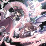  animal_ears battle black_hair bow brown_eyes brown_hair claws danmaku detached_sleeves duel feathers fingernails full_moon gohei hair_bow hair_tubes hakurei_reimu hat imperishable_night long_fingernails marujin moon multiple_girls mystia_lorelei ofuda skirt touhou yin_yang 