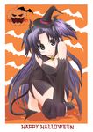  all_fours barefoot breasts cape clannad cleavage elbow_gloves foreshortening gloves halloween happy_halloween hat ichinose_kotomi large_breasts long_hair ootaka_narumi orange_background pentacle purple_eyes purple_hair solo tail thighhighs trick_or_treat two_side_up witch witch_hat 