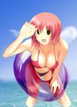  :d absurdres bent_over bikini breasts cleavage day fang green_eyes highres innertube large_breasts navel ocean open_mouth original paradise_king red_bikini red_hair short_hair smile solo swimsuit wading water 