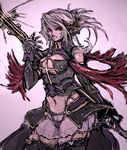  absurdres armor copyright_request gauntlets grin highres moto_murabito navel pointy_ears red_eyes skirt smile solo sword thighhighs traditional_media weapon white_hair 