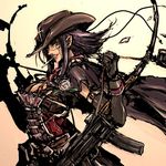  armor cigarette cloak copyright_request cowboy_hat elbow_gloves gloves gun hat moto_murabito pointy_ears purple_hair rifle solo traditional_media weapon western 