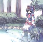  baggy_pants barefoot black_hair bow feet fingerless_gloves gloves hair_bow hairband lake long_hair nakoruru pants purple_eyes red_bow samurai_spirits sitting soaking_feet solo tree wanko_(takohati8) water 