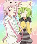  animal_hat bad_id bad_pixiv_id blush detached_sleeves green_hair hat kl-chan long_hair maruki_(punchiki) mono_(character) multiple_girls original pink_hair red_eyes short_hair smile toeto_(vocaloid) twintails vocaloid 