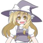  blonde_hair blush bow hair_bow hat kirisame_marisa long_hair looking_at_viewer open_mouth puffy_short_sleeves puffy_sleeves short_sleeves simple_background solo souto touhou upper_body white_background witch_hat yellow_eyes 