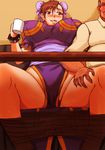  1boy 1girl breasts capcom chun-li cup large_breasts papepox2 street_fighter table under_table 