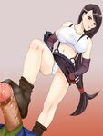  black_hair cum feet final_fantasy final_fantasy_vii footjob kyaradon long_hair no_shoes panties penis red_eyes sock_on_penis sockjob socks tifa_lockhart underwear white_panties 