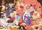  album_cover alcohol alternate_costume asymmetrical_hair autumn_leaves bad_id bad_pixiv_id blonde_hair blue_dress bone chain cover cup dress floral_print ghost gourd green_eyes green_hair hairband hat hat_ribbon heart horn horn_ribbon horns hoshiguma_yuugi ibuki_suika japanese_clothes kimono komeiji_satori long_hair long_sleeves looking_at_viewer low-tied_long_hair multiple_girls obi off_shoulder one_eye_closed purple_dress purple_eyes purple_hair ribbon rod_of_remorse sakazuki sake sash shiki_eiki shikimi_(yurakuru) shoes_removed skull spilling touhou very_long_hair weights wide_sleeves wrist_cuffs 