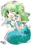  ;d blush clam collarbone green_hair hair_ornament heart jewelry kaisanbutsu long_hair mermaid monster_girl muromi-san namiuchigiwa_no_muromi-san navel necklace one_eye_closed open_mouth red_eyes seashell shell smile solo two_side_up very_long_hair white_background 