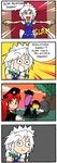  4koma alternate_color beret blonde_hair blue_eyes bouquet braid comic commentary constricted_pupils crazy_eyes double_dealing_character finnish flandre_scarlet flower funeral grass hair_ribbon hat hong_meiling izayoi_sakuya kneeling long_hair looking_back mourning multiple_girls open_door open_mouth outstretched_arms patchouli_knowledge purple_hair red_hair ribbon setz short_hair sky smile spread_arms standing star tombstone touhou translated tree twin_braids white_hair wide-eyed wings 