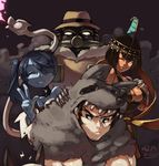  2boys 3girls android animal_ears bare_shoulders beowulf_(skullgirls) big_band black_dress black_hair blood blue_hair blue_skin bone breasts cape cat_ears cleavage dark_skin dated detached_collar detached_sleeves dress eliza_(skullgirls) fedora fire flame gas_mask hair_over_one_eye halterneck hat head_out_of_frame hood junkpuyo large_breasts leviathan_(skullgirls) multiple_boys multiple_girls no_pupils one_eye_closed pelt robo-fortune short_hair side_ponytail skullgirls smile squigly_(skullgirls) stitched_mouth stitches striped_sleeves tiara trait_connection v zombie 