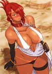  1girl akatsuki_blitzkampf black_thong blush bracelet bracelets breasts cleavage clothed_nipples cocktail_dress collar curvy dark_skin dress earrings elbow_gloves erect_nipples gloves hair_up jewelry large_breasts marilyn_sue panties panty_pull papepox2 pubic_hair red_hair smile solo sweat tan tanline thigh_strap thong underwear 
