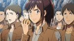  6+boys animated animated_gif brown_eyes brown_hair eating emblem epaulettes food food_on_face hair_up multiple_boys nervous non-web_source potato sasha_braus screencap shingeki_no_kyojin surprised sweatdrop uniform 