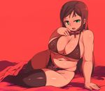  arm_support bow bow_panties bra breasts choker collar frilled_choker frills green_eyes kawacchi_hirohiro large_breasts long_hair navel nipples open_mouth original panties plump red see-through solo thighhighs underwear underwear_only 