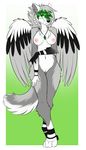 aimi breasts canine cute digitigrade dyed_hair feathers female fur green_eyes grey_fur grey_hair hair hindpaw looking_at_viewer mammal necklace nipples nude paws pussy solo standing two_tone_hair white_fur wings wolf 