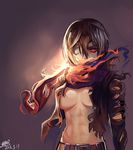  abs bandage_over_one_eye bandages belt black_hair breasts glowing glowing_eye large_breasts mikasa_ackerman navel open_clothes red_eyes scarf shingeki_no_kyojin short_hair solo tianlluo torn_clothes 