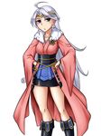  blue_eyes boots duel_monster green_eyes heterochromia japanese_clothes kimono latex long_hair pataniito pataryouto skirt spellbreaker_of_the_ice_barrier white_hair yu-gi-oh! yuu-gi-ou_duel_monsters 