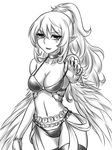  1girl bangs bare_shoulders bikini breasts claws cleavage collarbone duel_monster female hair_between_eyes halterneck harpie_dancer harpy hips lips long_hair long_image looking_at_viewer midriff monochrome monster_girl mound_of_venus navel pataniito pataryouto pointy_ears ponytail smile solo standing strap_pull swimsuit tall_image talons thighhighs wings yu-gi-oh! yuu-gi-ou_duel_monsters 