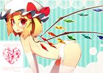  2013 all_fours blonde_hair blush breasts dated elbow_gloves flandre_scarlet garter_belt gloves hat lace lace-trimmed_gloves lace-trimmed_thighhighs nude red_eyes side_ponytail small_breasts solo sorrau thighhighs touhou white_gloves white_legwear wings 