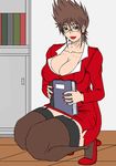  1girl book bookshelf breasts brown_hair cleavage glasses large_breasts lipstick makeup papepox2 