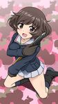  akiyama_yukari blue_legwear blush boots brown_eyes brown_hair c_(neta) camouflage girls_und_panzer gloves holding ios_wallpaper jacket kneeling long_sleeves looking_at_viewer messy_hair military military_uniform miniskirt ooarai_military_uniform open_mouth pleated_skirt short_hair skirt smile socks solo tank_shell uniform wallpaper white_skirt 