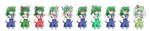 &gt;_&lt; ^_^ alternate_color alternate_hairstyle aqua_hair bat_wings blush closed_eyes cosplay detached_sleeves embarrassed expressive_clothes frog_hair_ornament full_body green_eyes green_hair hair_ornament hair_ribbon hat highres kochiya_sanae komeiji_koishi komeiji_koishi_(cosplay) konpaku_youmu konpaku_youmu_(cosplay) konpaku_youmu_(ghost) leaf leaf_on_head long_image multiple_tails open_mouth osashin_(osada) ribbon sarashi side_ponytail skirt sleeves_past_wrists smile smirk snake_hair_ornament tail tears touhou transparent_background white_hair wide_image wings yellow_eyes 