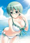  absurdres beach bikini body_blush breast_hold breasts cleavage cloud day frilled_bikini frills front-tie_top furukawa_tsukumo glasses green_eyes green_hair highres large_breasts light_rays navel ocean original outdoors short_hair side-tie_bikini sky smile solo strap_gap sunbeam sunlight swimsuit 