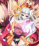  animal_ears aurora_rokudo breasts cleavage fox_ears fox_tail grey_hair hair_ornament japanese_clothes kimono large_breasts long_hair mask multiple_tails original red_eyes smile tail thighs wand 