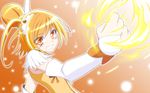  arm_warmers choker cure_sunny detached_sleeves fire gloves h-new hair_bun hair_ornament highres hino_akane_(smile_precure!) looking_at_viewer magical_girl orange_(color) orange_background orange_eyes orange_hair orange_skirt precure short_hair skirt smile smile_precure! solo 